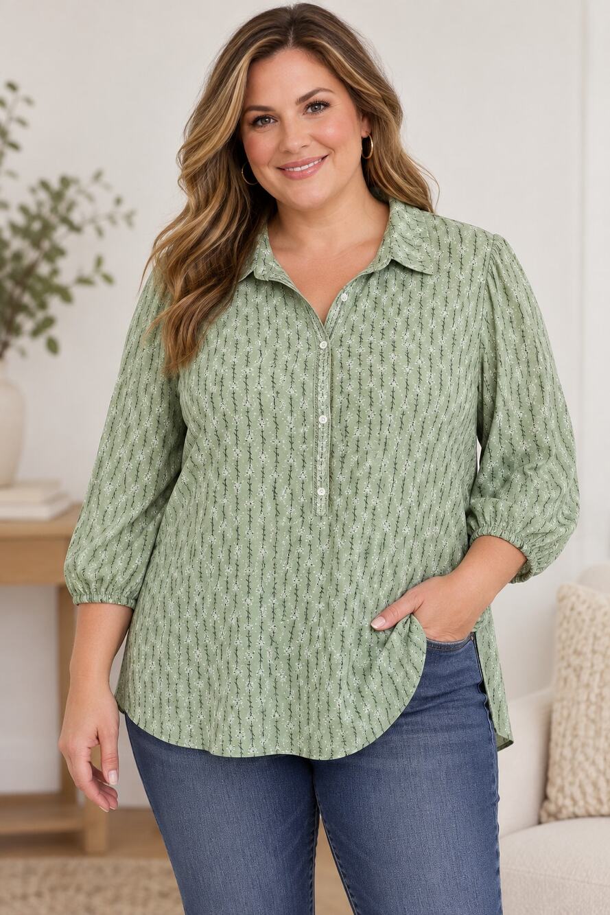 Max Studio 3X Sage Green Floral Print 3/4 Sleeve Popover Blouse